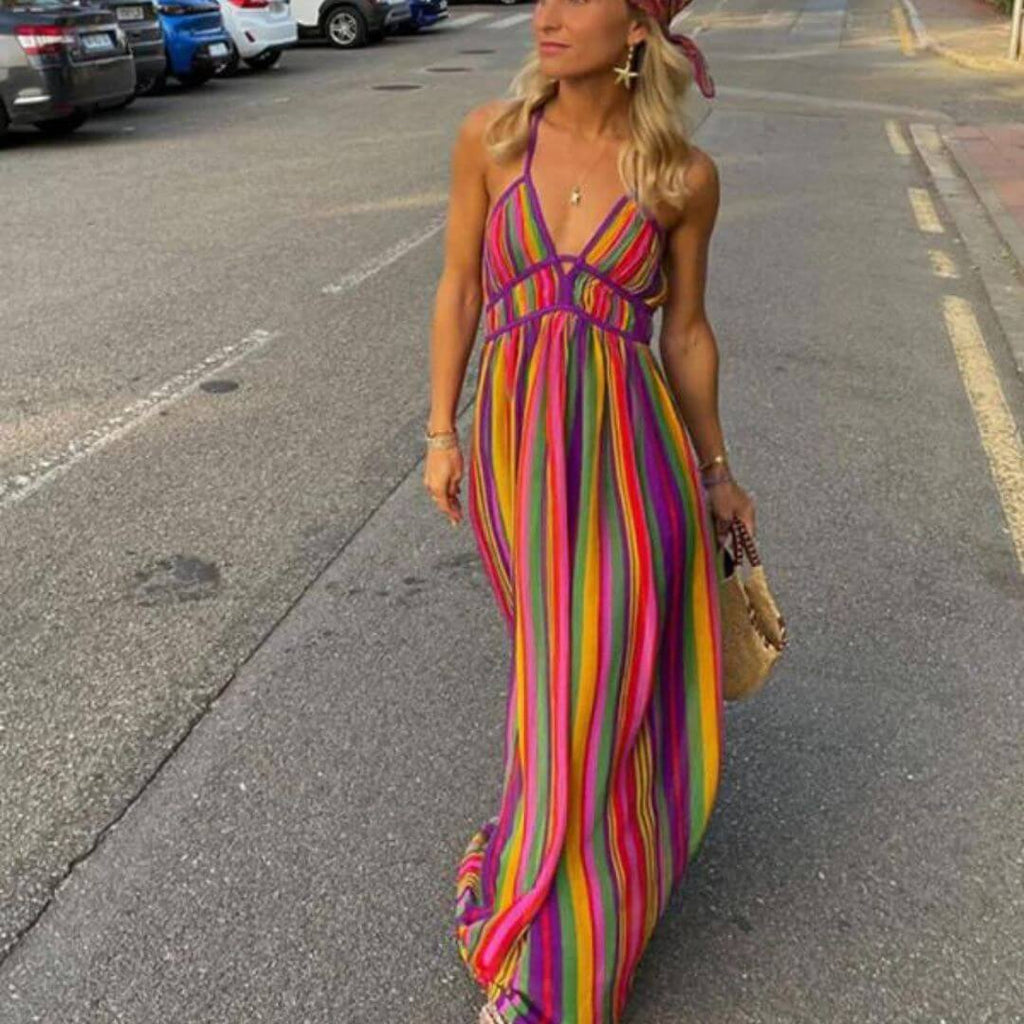 GR | Vibrant striped maxi dress with waist accentuation
