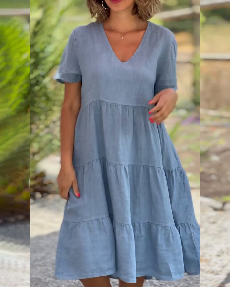 GR | Plain cotton-linen dress with V-neck