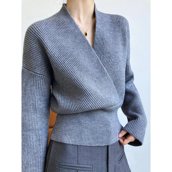 GR | Classic autumn wrap sweater with statement neckline for women