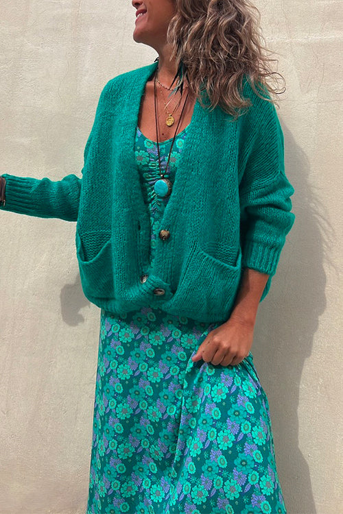 GR | Rosiedress Solid Knopfverschluss Taschen Pullover Cardigan
