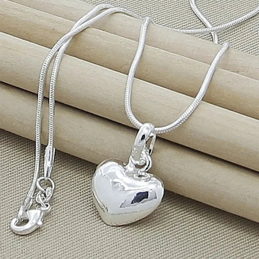 GR | Sterling Silver Solid Heart Necklace Snake Chain for Women