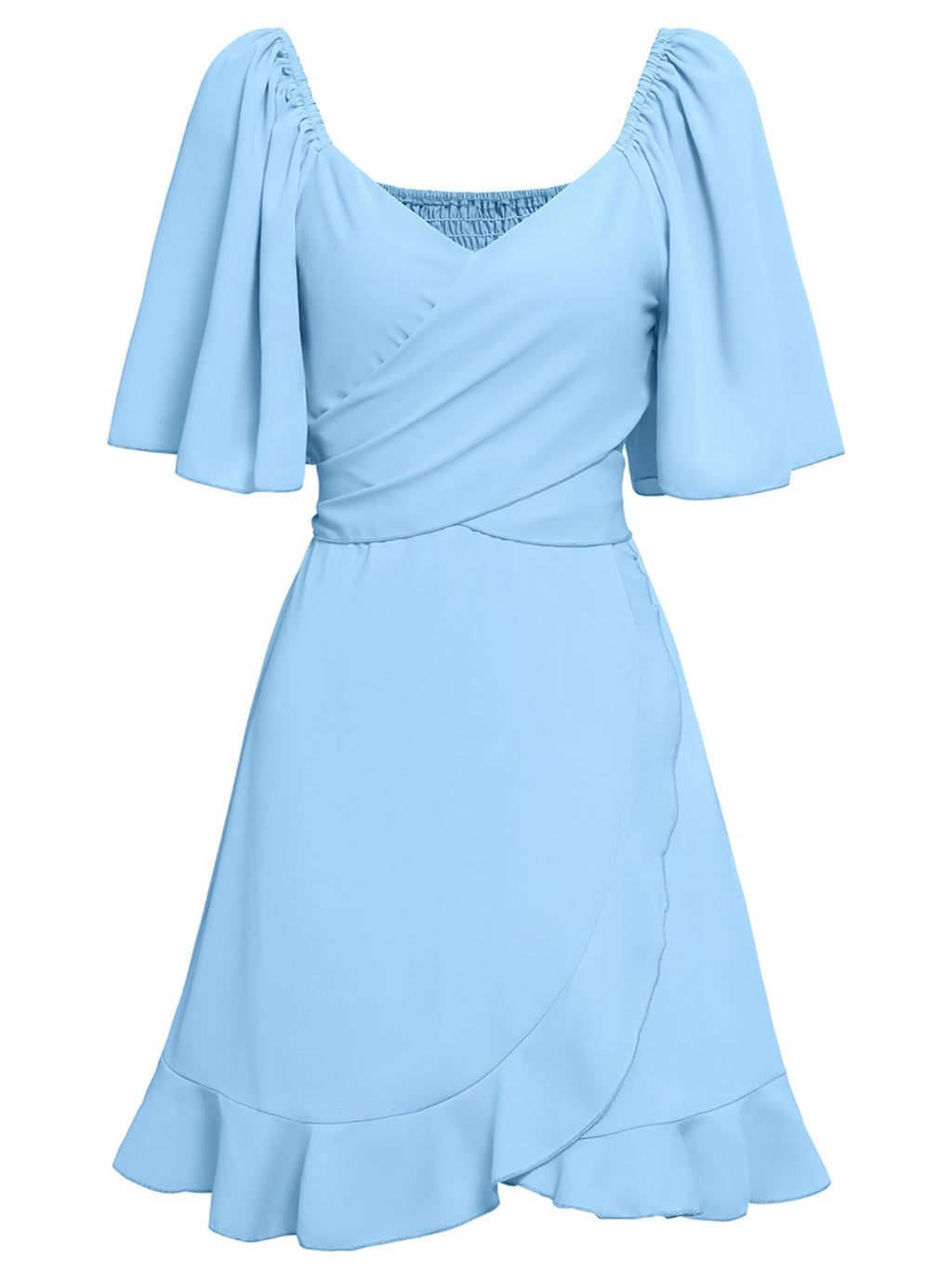 GR | Lässiges Kreuz V-Ausschnitt Kurzarm Wickel Einfarbig Mini Kleid
