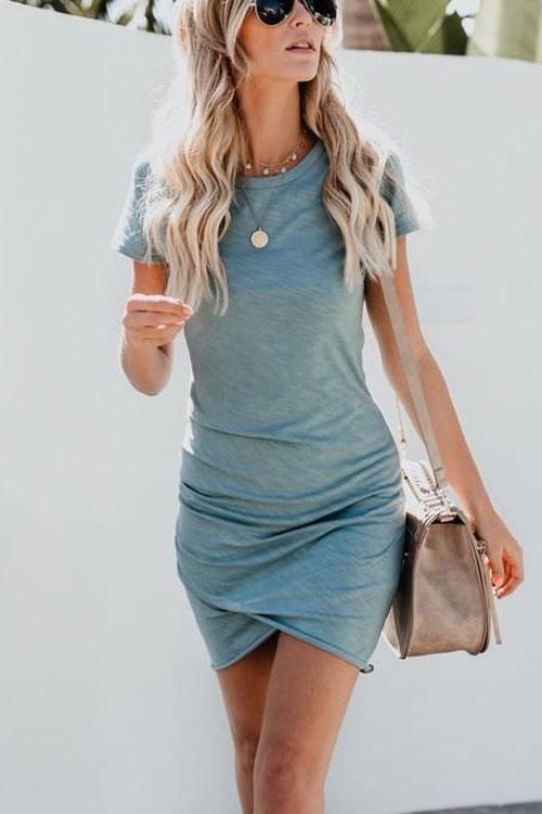 GR | Rosiedress Kurzarm Raffung Meerwasser Mini Kleid