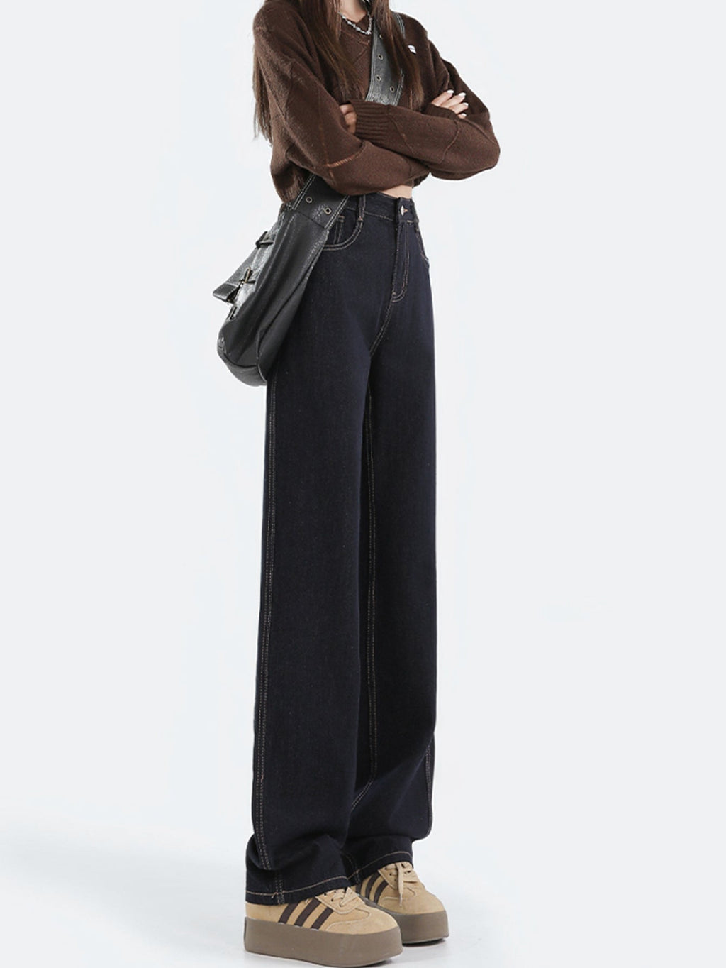 GR | Loose-fitting dark high-waisted floor-length denim trousers