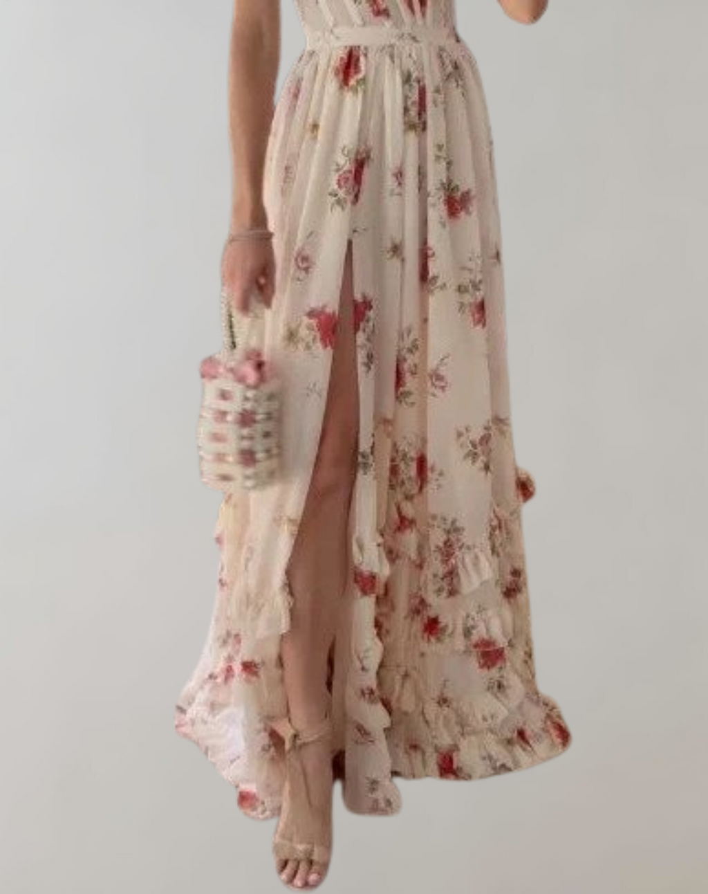 GR | Sleeveless, fitted dress with floral print and sexy leg cutout