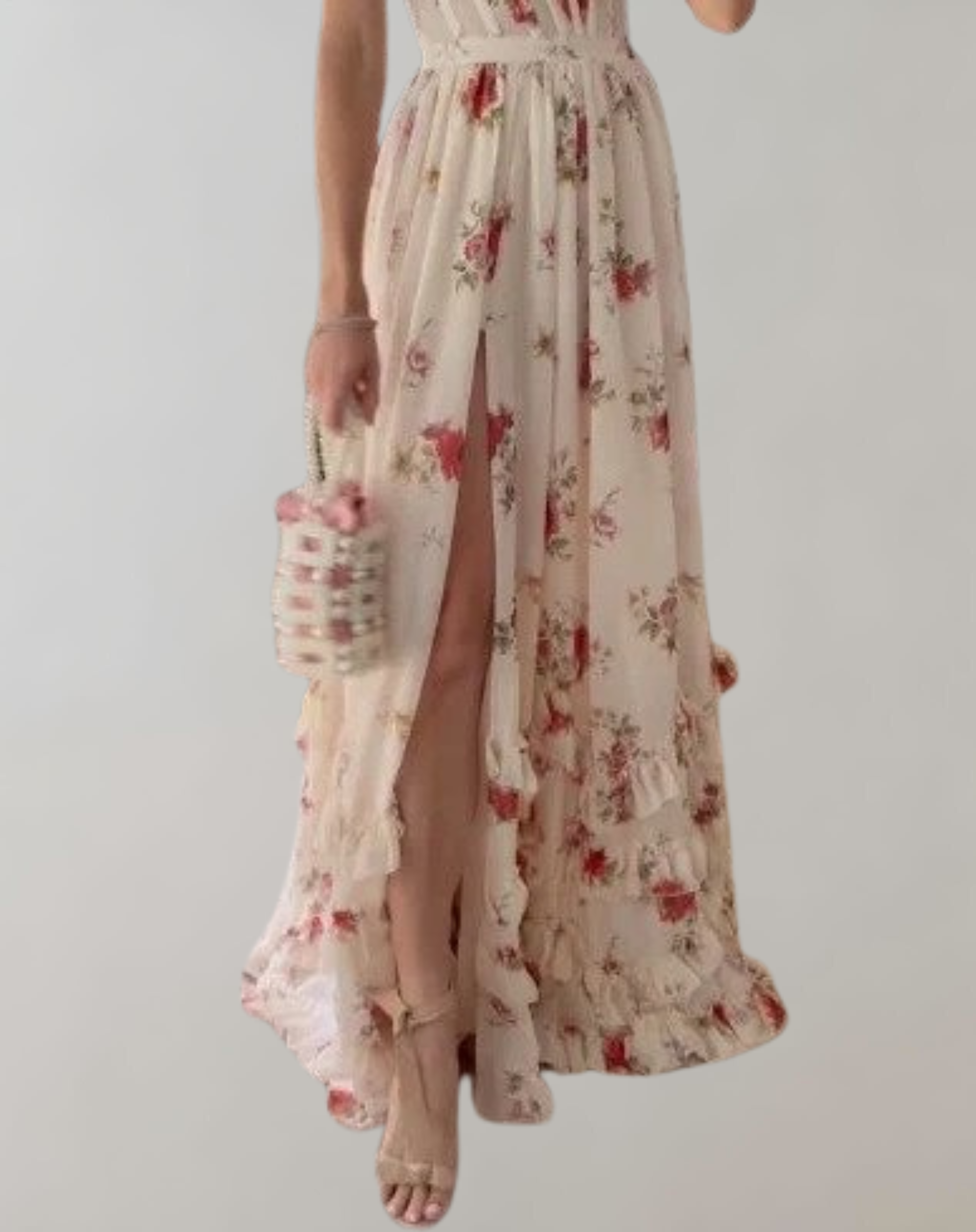 GR | Sleeveless, fitted dress with floral print and sexy leg cutout