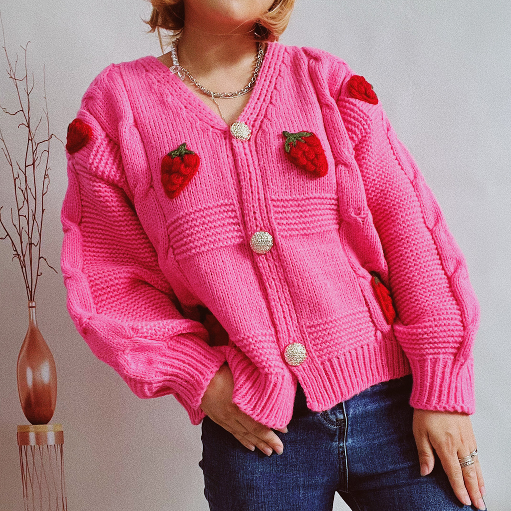 Long-sleeved cardigan with strawberry print for autumn and spring