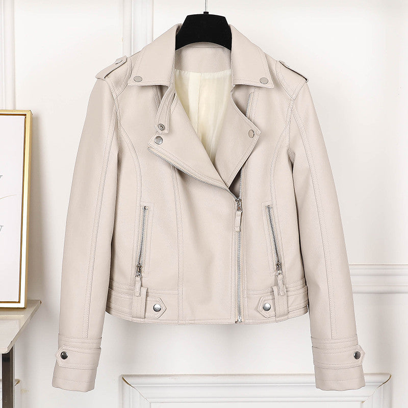GR | Women's Slim Fit Black Leather Jacket with Lapel and Zipper