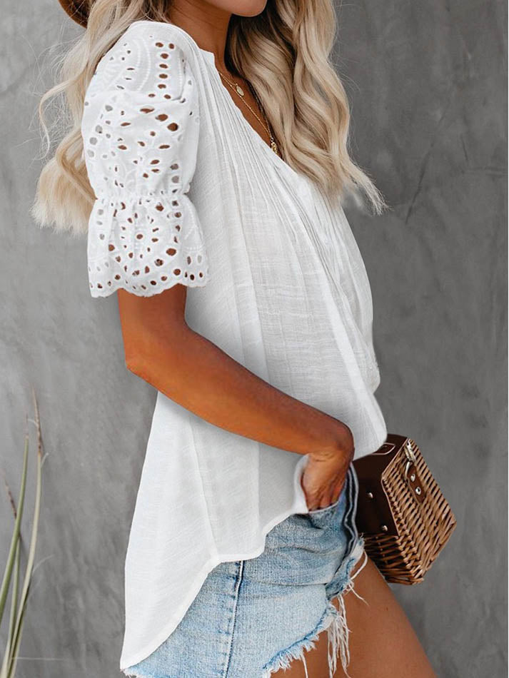 GR | Casual V-neck short lace sleeve top