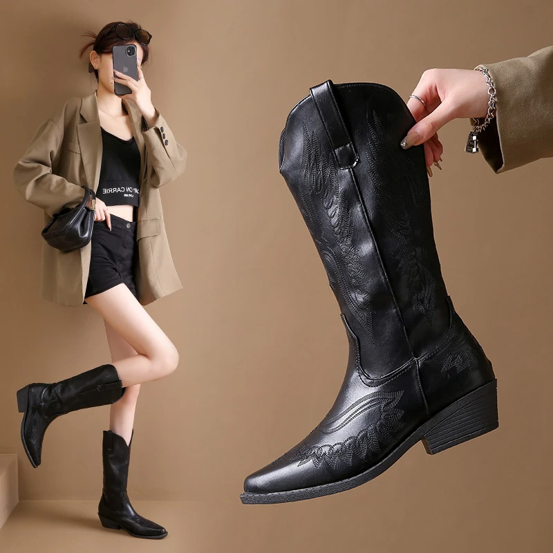 GR | Western boots with detailed embroidery & low heel, women's cowboy boots