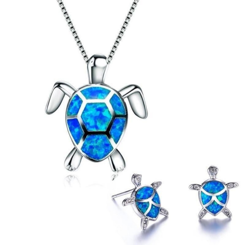 GR | Turtle Necklace + Earrings in Opal and Silver