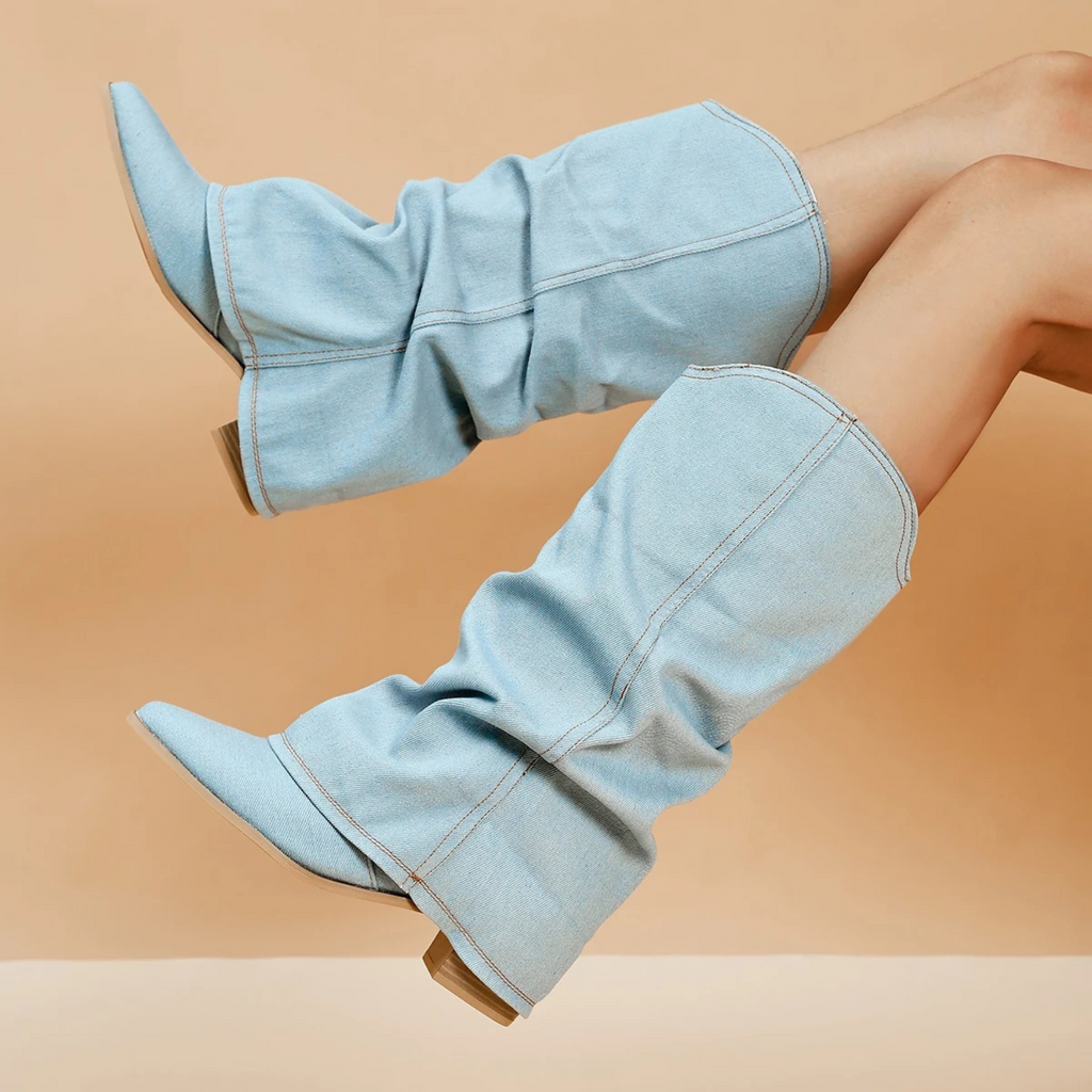 GR | folded denim boots with block heel