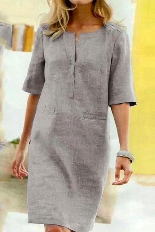 GR | Straight dress with short sleeves made of cotton and linen