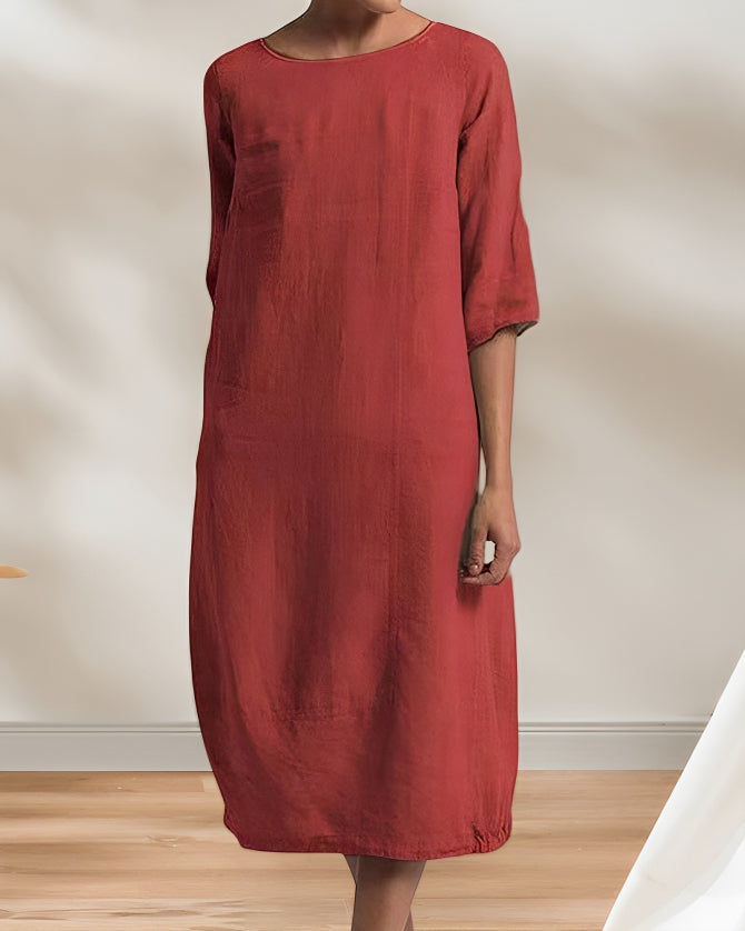 GR | Ladies Lässig Leinen Look Einfaches Midikleid