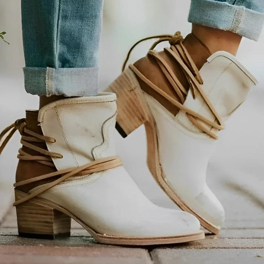 GR | Women's Western Ankle Boots with Wrap Lacing, Washed Leather, Chunky Heels
