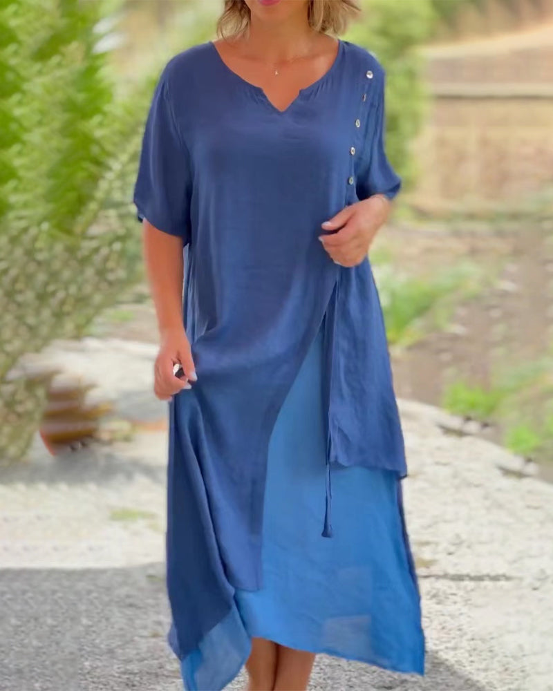 GR | Asymmetrisches Kleid mit kurzen Ärmeln und V-Ausschnitt