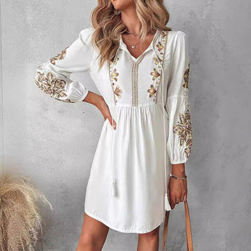 GR | Boho dress with floral embroidery for women