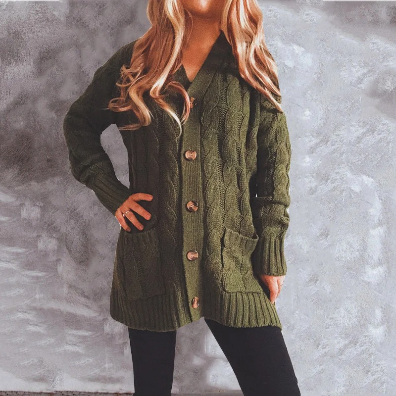 GR | Women's wool cardigan with cable knit pattern and wooden buttons, loose fit