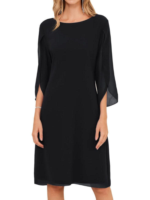 GR | Shift Dress Knee-length Bateau Neckline Three-quarter Slit Sleeves Flowing