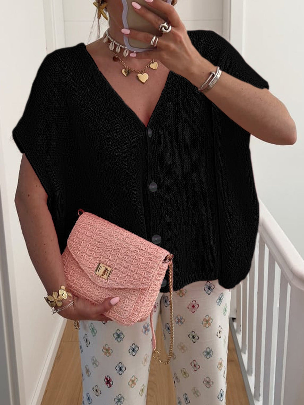 GR | V-neck short-sleeved cardigan