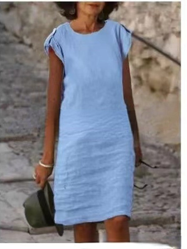 GR | Women's Midi Dress in Colorful Cotton-Linen, Sleeveless with Round Neck