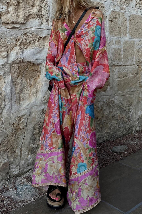 GR | Rosiedress Long-sleeved blouse with button placket and wide-leg trousers floral pattern set