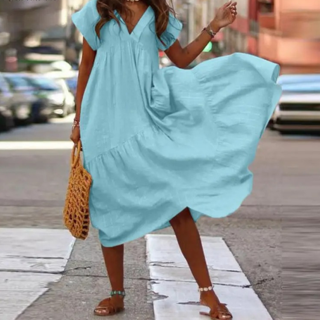 GR – Maxi-style shirt dress with V-neck and ruffles