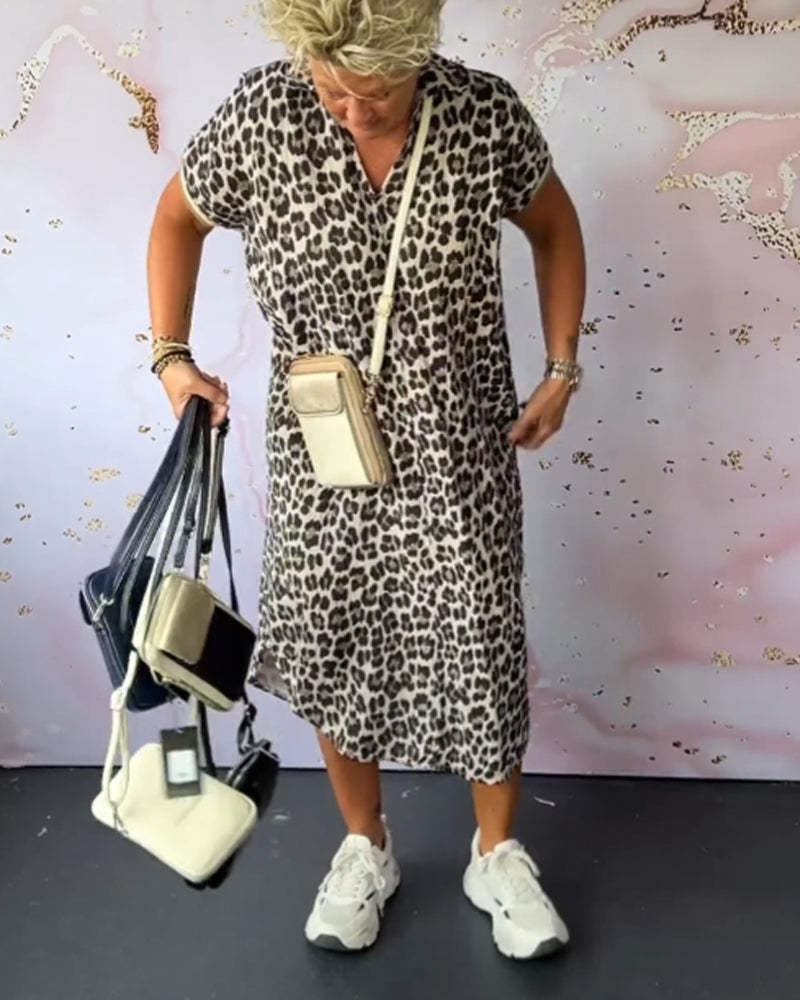 GR | Kurzärmliges Kleid mit Leopardenmuster und V-Ausschnitt