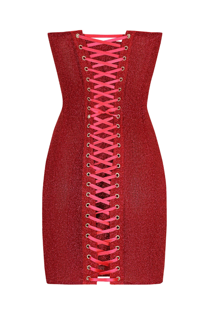 GR | Trägerlos Glitzer Rot Korsett Mini Kleid