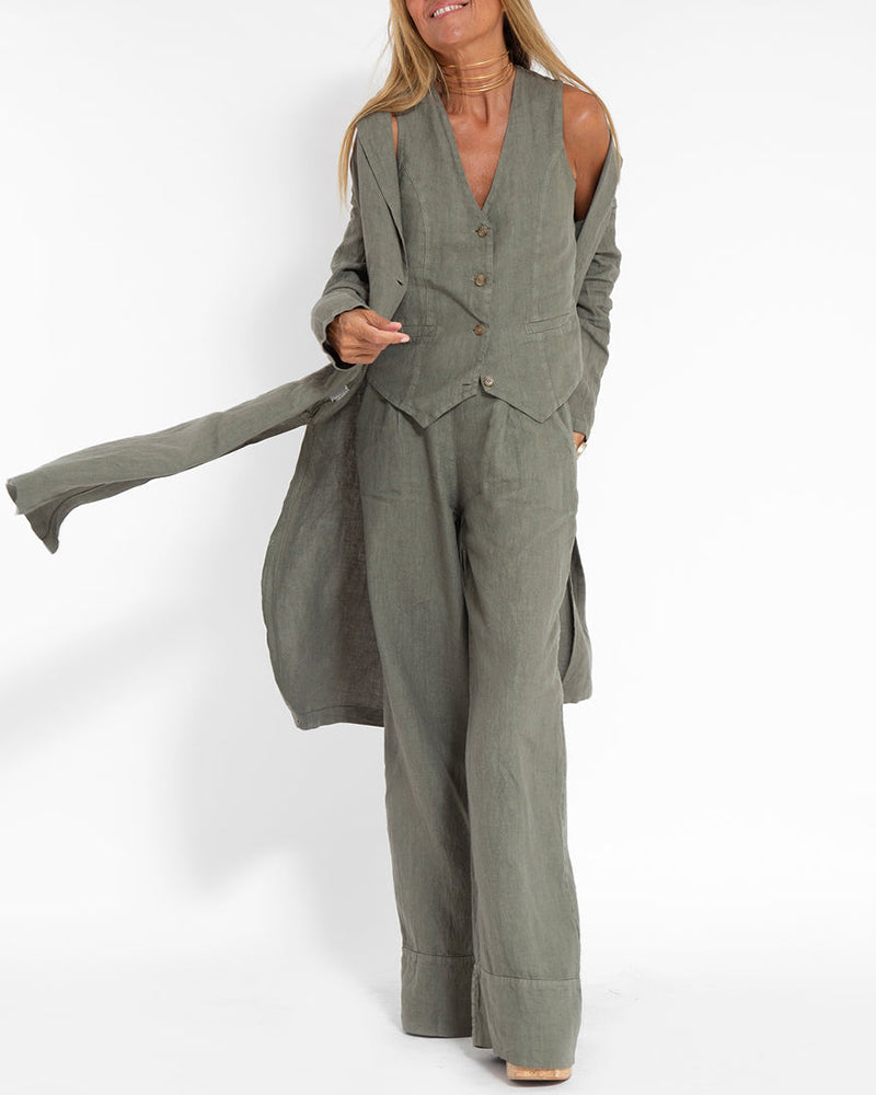 GR | Elegant 2-piece linen set: wide-leg trousers & vest