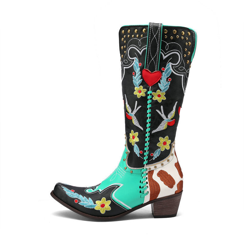 GR | Denim Western Shoes Women's Leather Boots Fantastic Embroidery