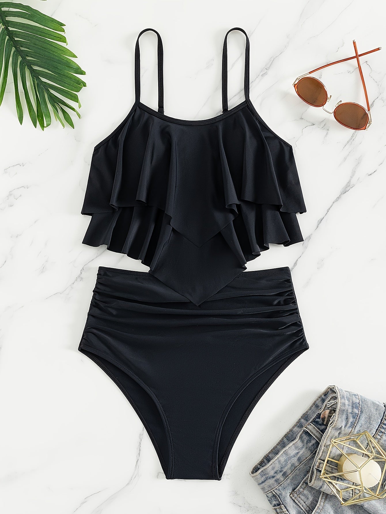 GR | Ruched, Layered Two-Piece Black Tankini for Women