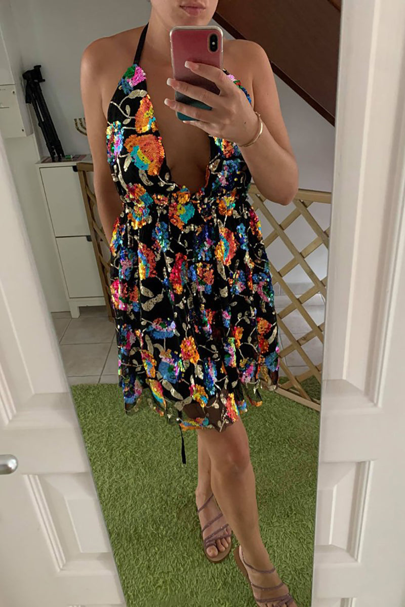 GR | Regenbogen Pailletten Offene Rücken Slip Mini Kleid