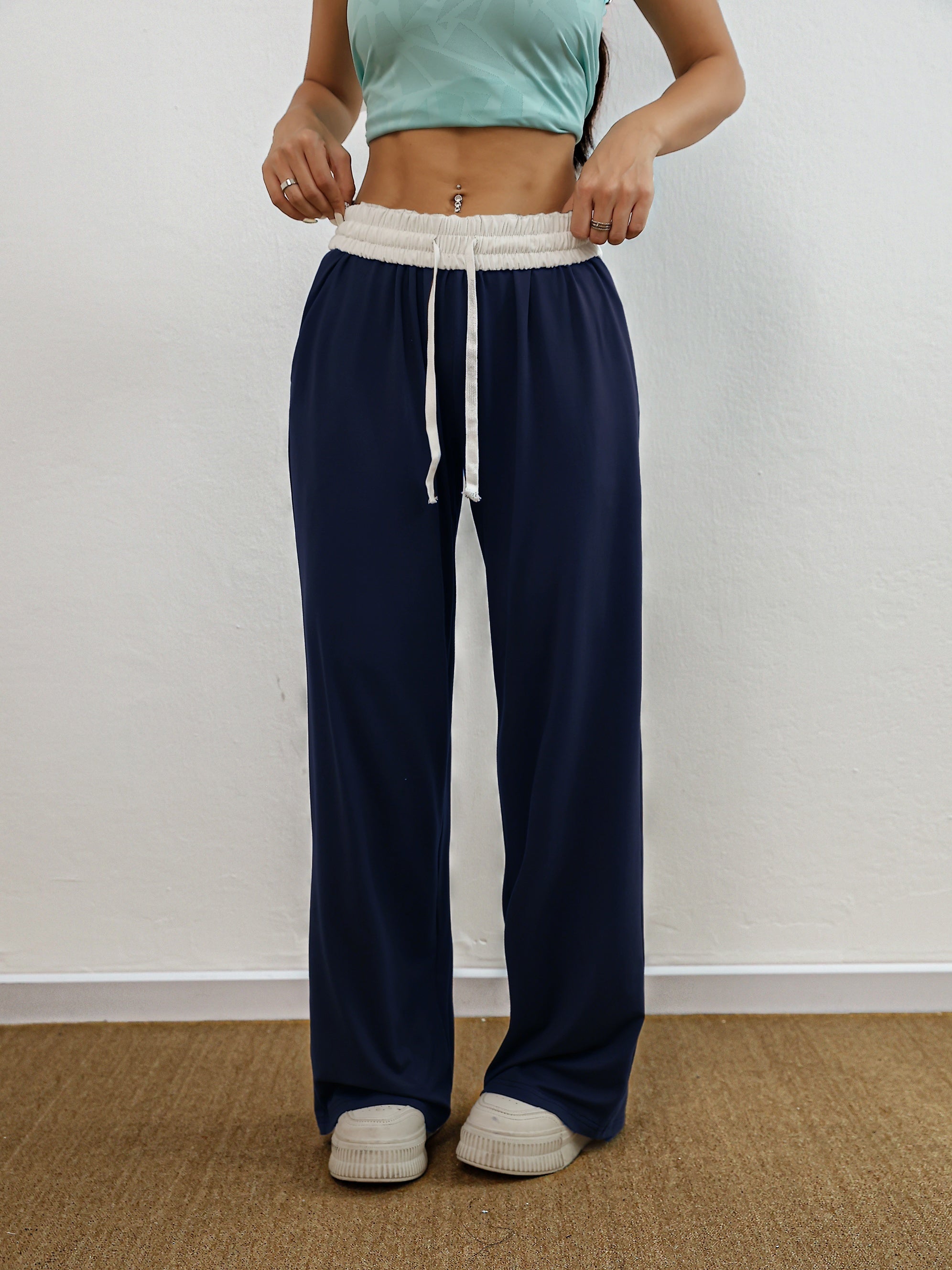 GR | Hohe Stretch Farbkombination Trainingshose Mit Taschen