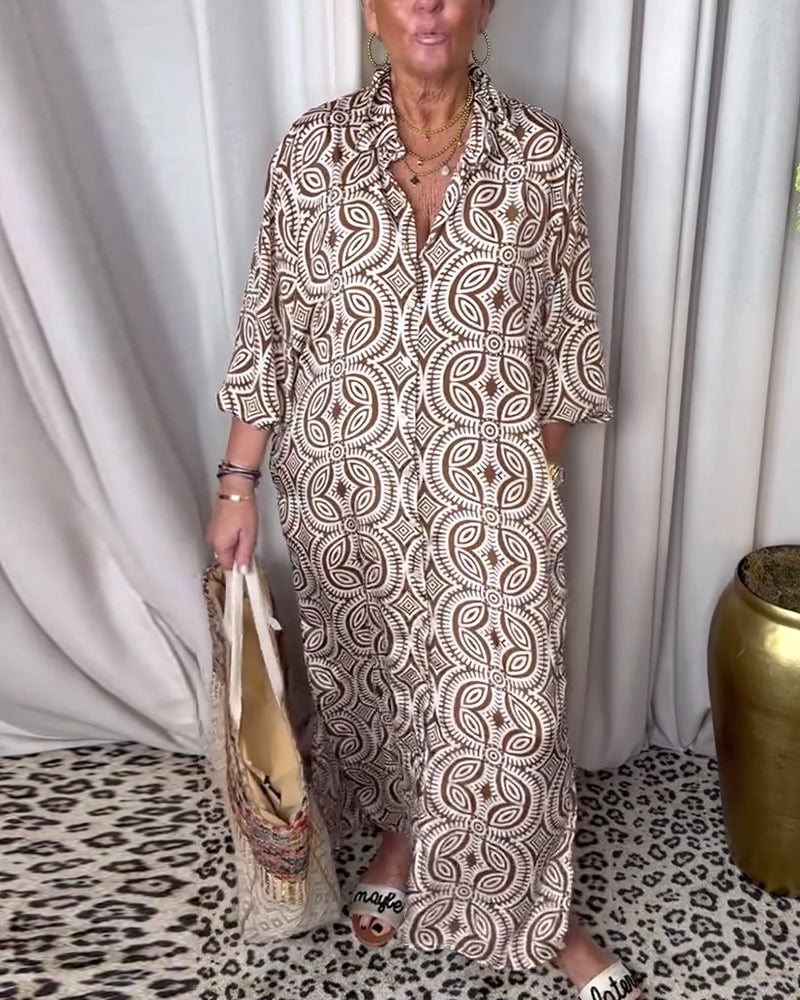 GR | Vintage Bedrucktes Maxikleid mit Reverstaschen