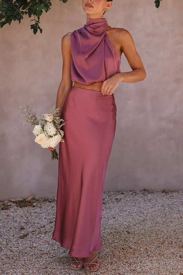 GR | Satin-colored multi-colored slim-fit casual two-piece suit