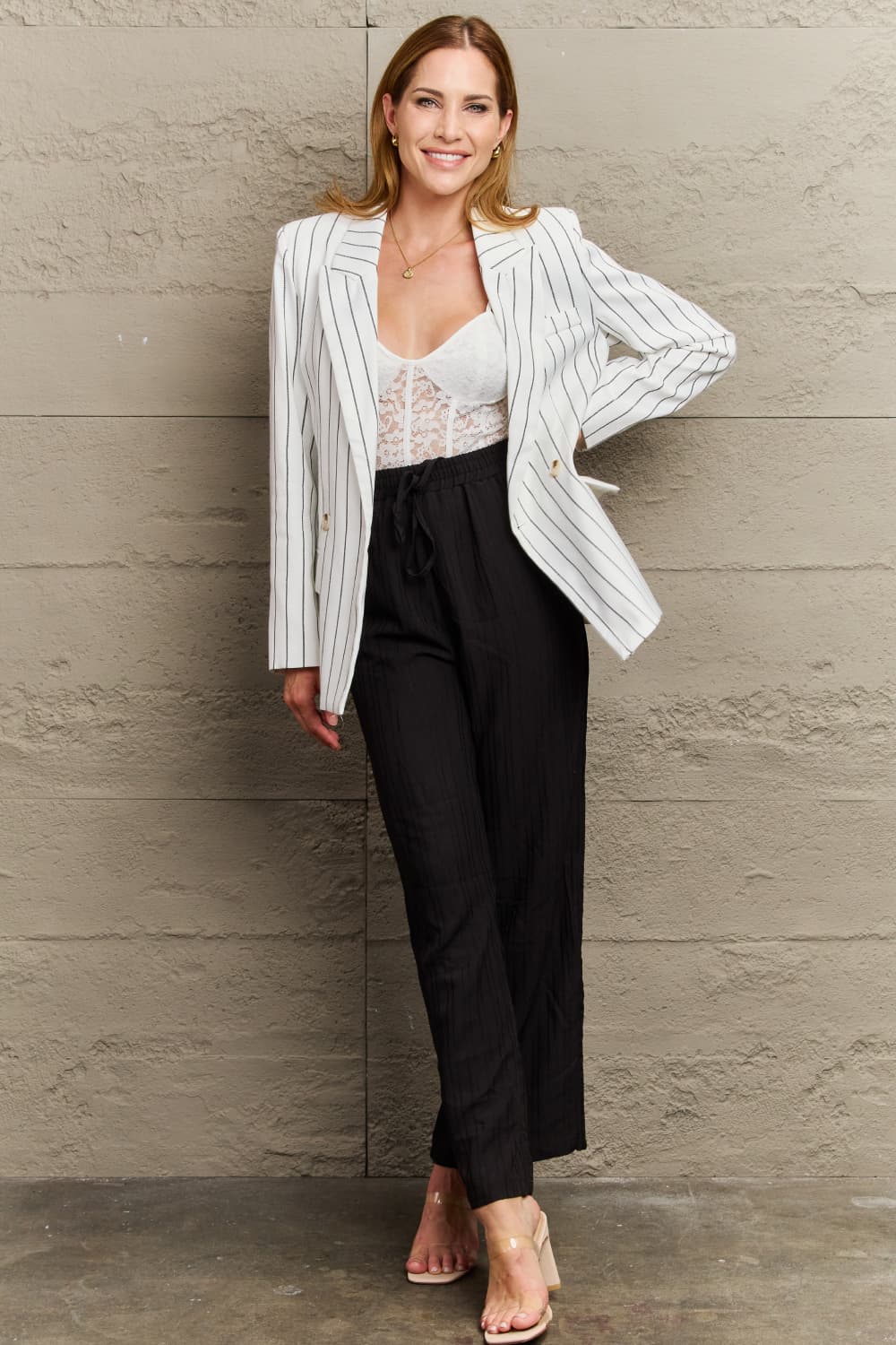 GR | Striped lapel collar long-sleeved blazer