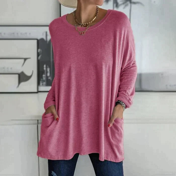 GR | Fashionable tunic top with pockets - Relaxed fit, round neck, long sleeves