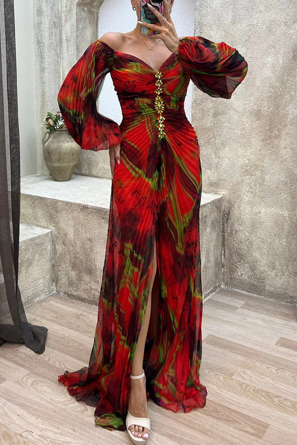 GR | Sunset Serenade Printed Off-Shoulder Maxi Dress with Diamond Embellishments and Pleated Skirts with Slits