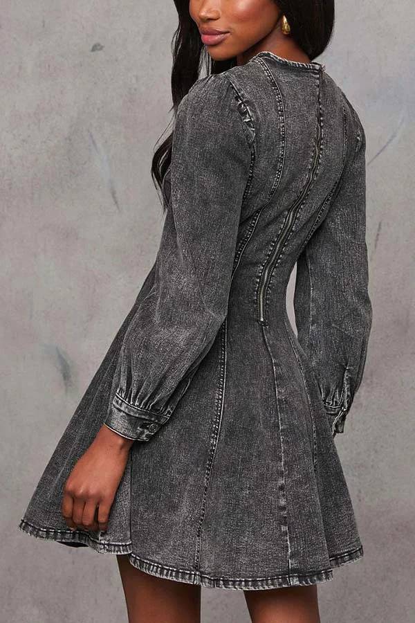 GR | Fade Into You Denim Prinzessinnenlinie Rückenreißverschluss Flare Stretch Mini Kleid
