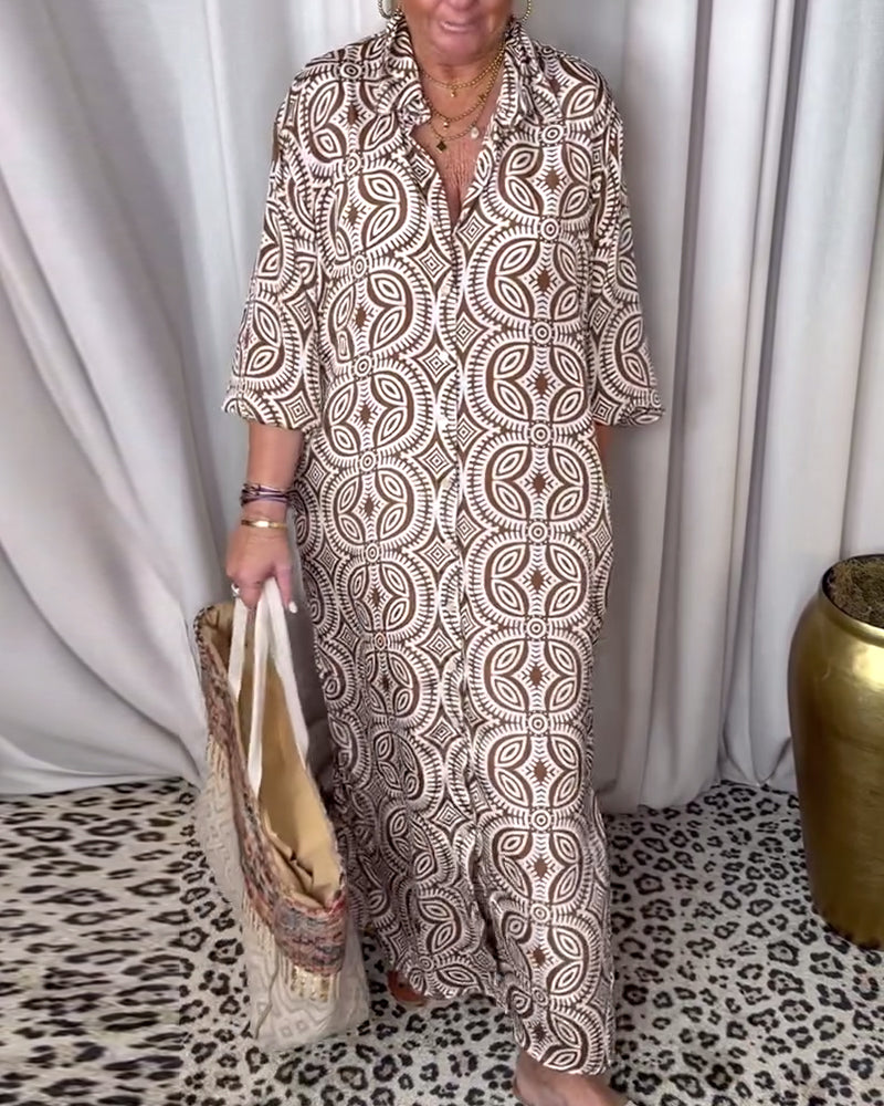 GR | Vintage Bedrucktes Maxikleid mit Reverstaschen