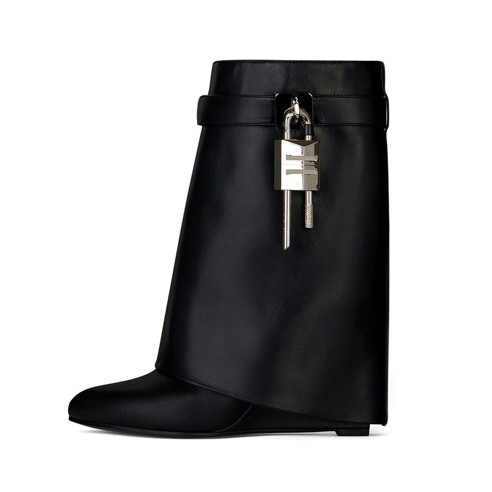 GR | Women's Fashion Slanted Heel Round Toe Leather Upper High Heel Zipper Short Boots