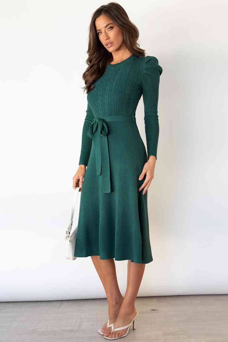 GR | Round Neck Long Sleeve Knot Waist Sweater Dress