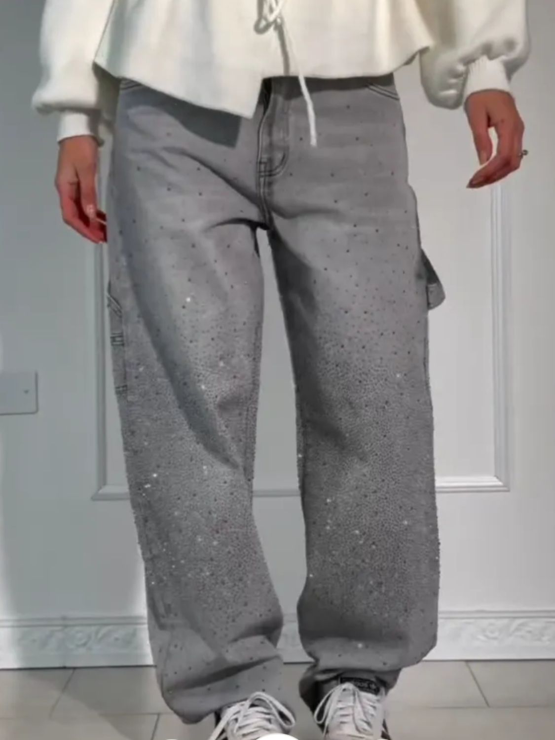 GR | Women's Washed Jeans with Rhinestone Details, Wide Fit