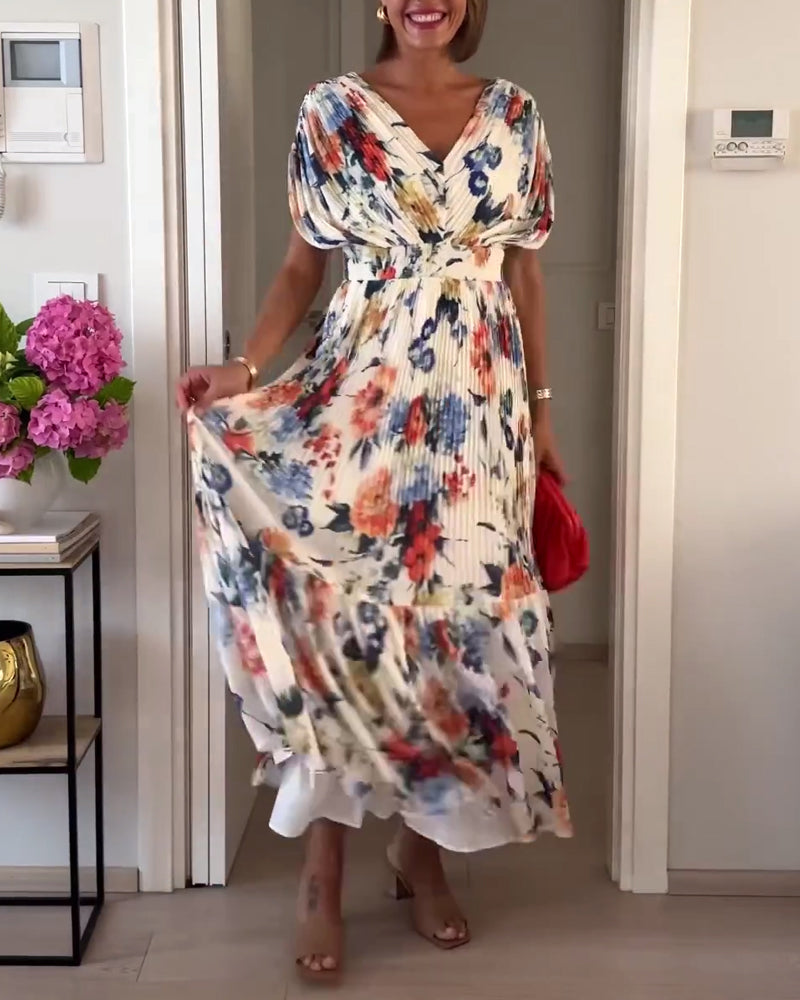 GR | Beautiful Elegant Pleated Dress with Floral Pattern