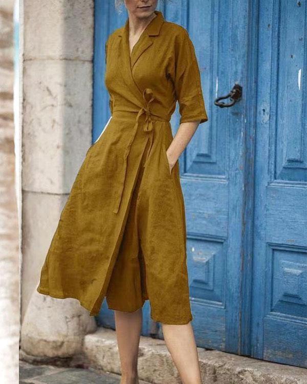 GR | Cotton-linen belted collar dress