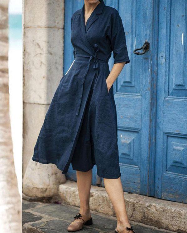GR | Cotton-linen belted collar dress