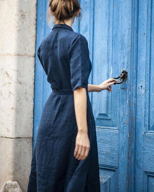 GR | Cotton-linen belted collar dress