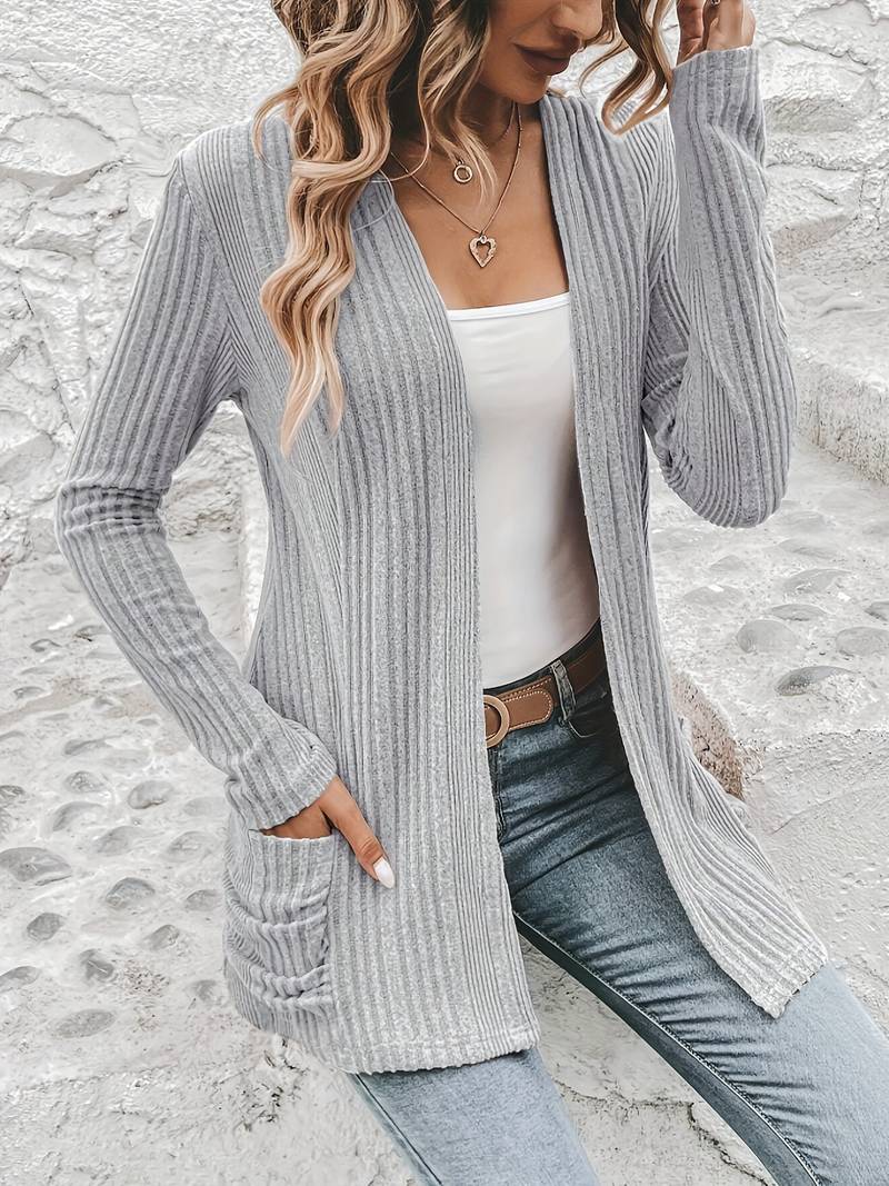 GR | Langärmliger Strickjacke Mit Offener Vorderseite Und Zwei Taschen