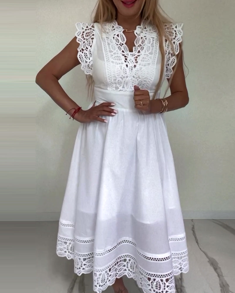 GR | Elegantes Ärmelloses Kleid aus Einfarbiger Spitze mit V-Ausschnitt